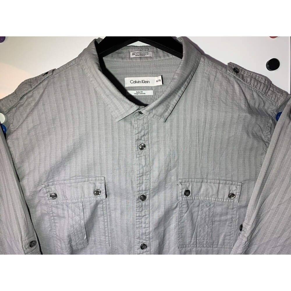 Calvin Klein Body Fit 100% Cotton Roll Tab Epaulets Check Pattern Shirt XXL